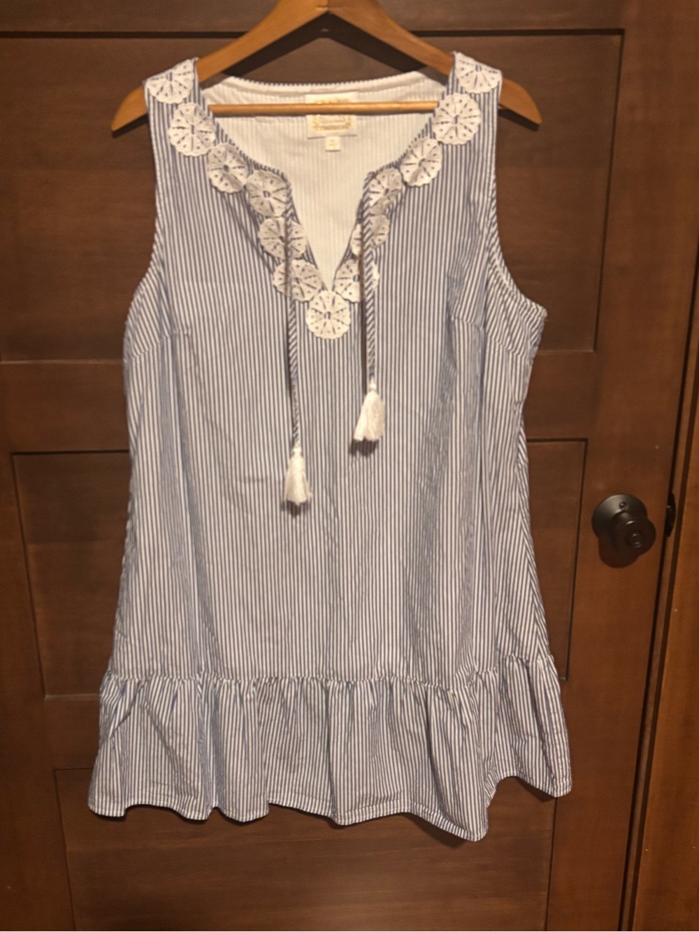 Sail to Sable Blue and White Striped Tassel Mini Dress with Eyelet Trim